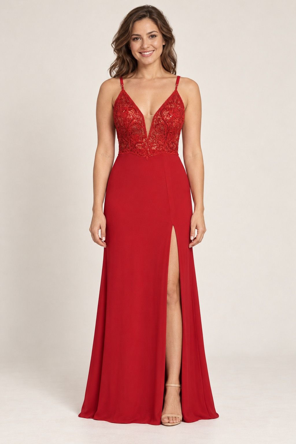 Red Embroidered-Bodice V-Neck Slit Evening Gown