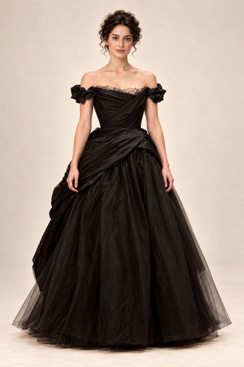 Black draped ball gown — front full-length view