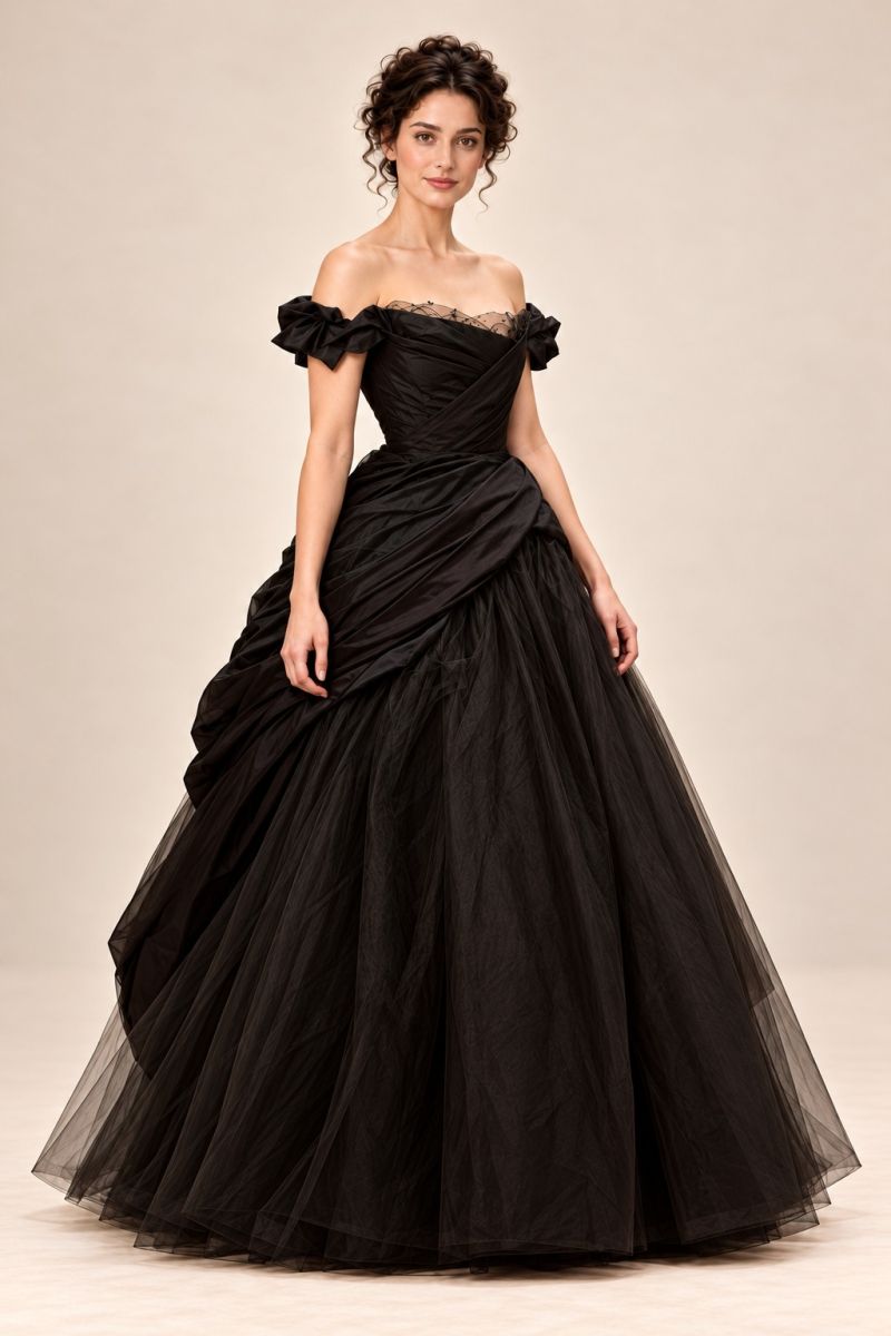 Black draped ball gown — gentle three-quarter front view