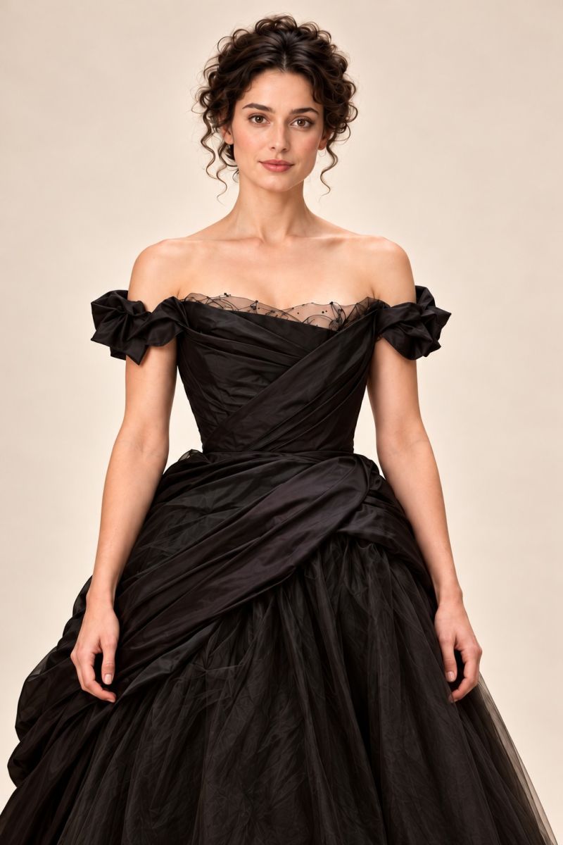 Black draped ball gown — closer front bodice and hip detail