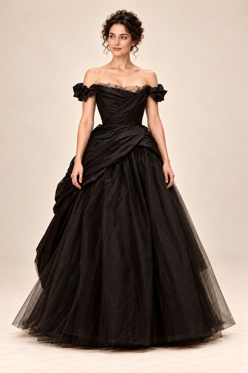 Black draped ball gown — relaxed front full-length view