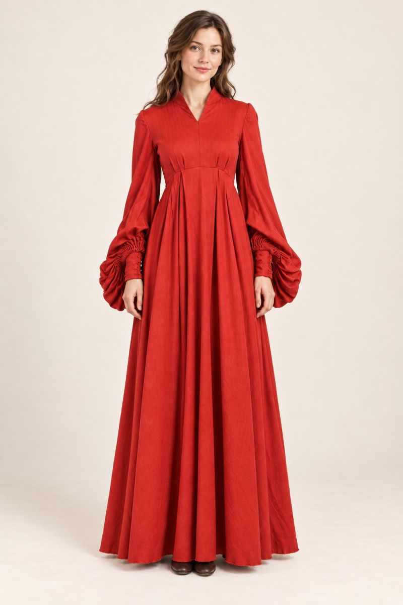 Red long-sleeve gown — relaxed front full-length view