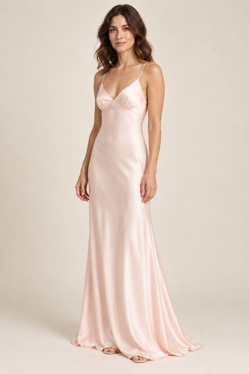 Pale Pink Slip Evening Gown — slight three-quarter front
