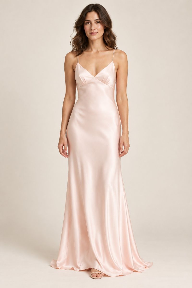 Pale Pink Slip Evening Gown — front with one foot forward