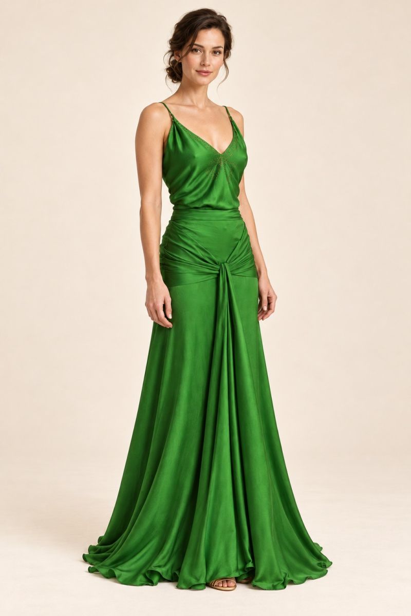 Green draped evening dress — gentle three-quarter front view
