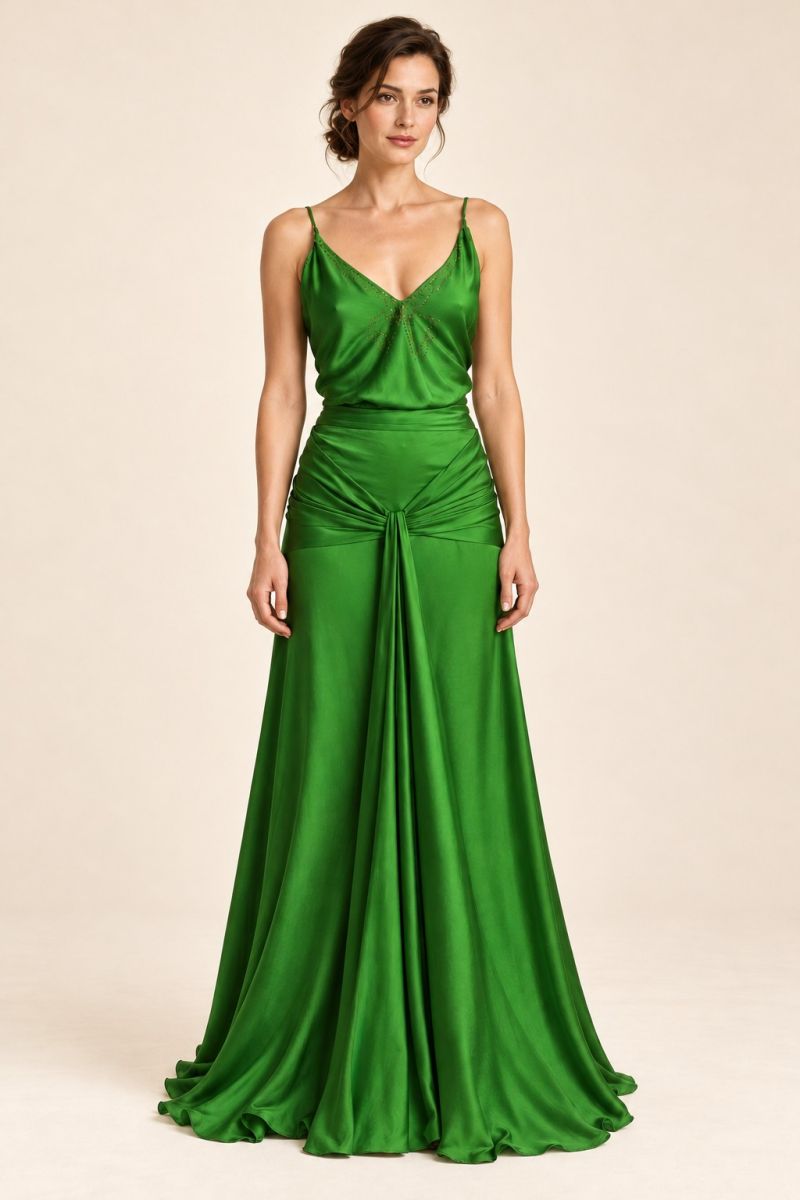 Green draped evening dress — relaxed front full-length view