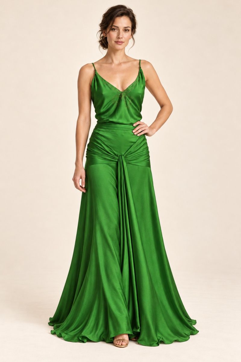 Green draped evening dress — alternative front pose with hand at waist