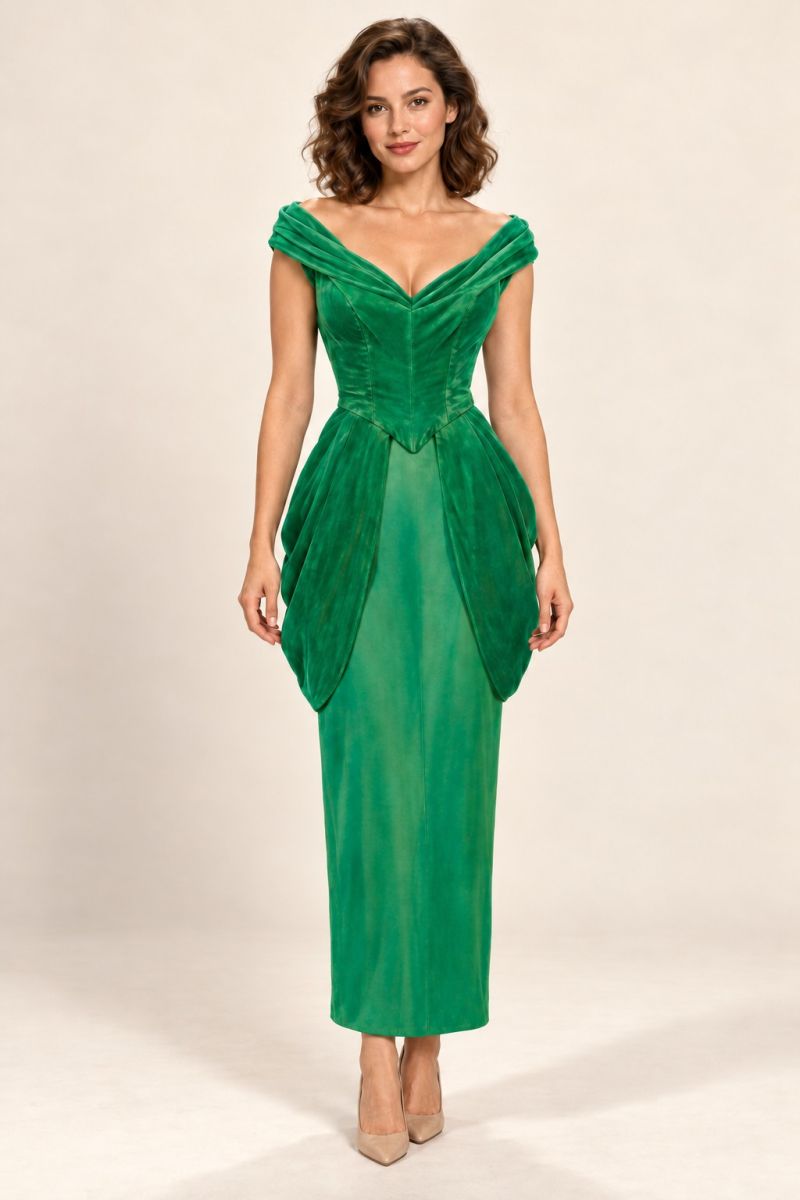 Green Draped Peplum Midi Dress — front view