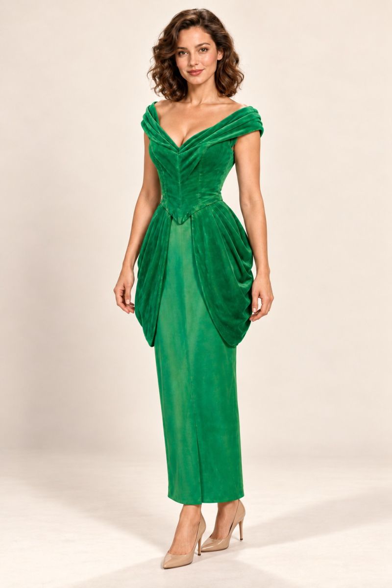 Green Draped Peplum Midi Dress — gentle front angle