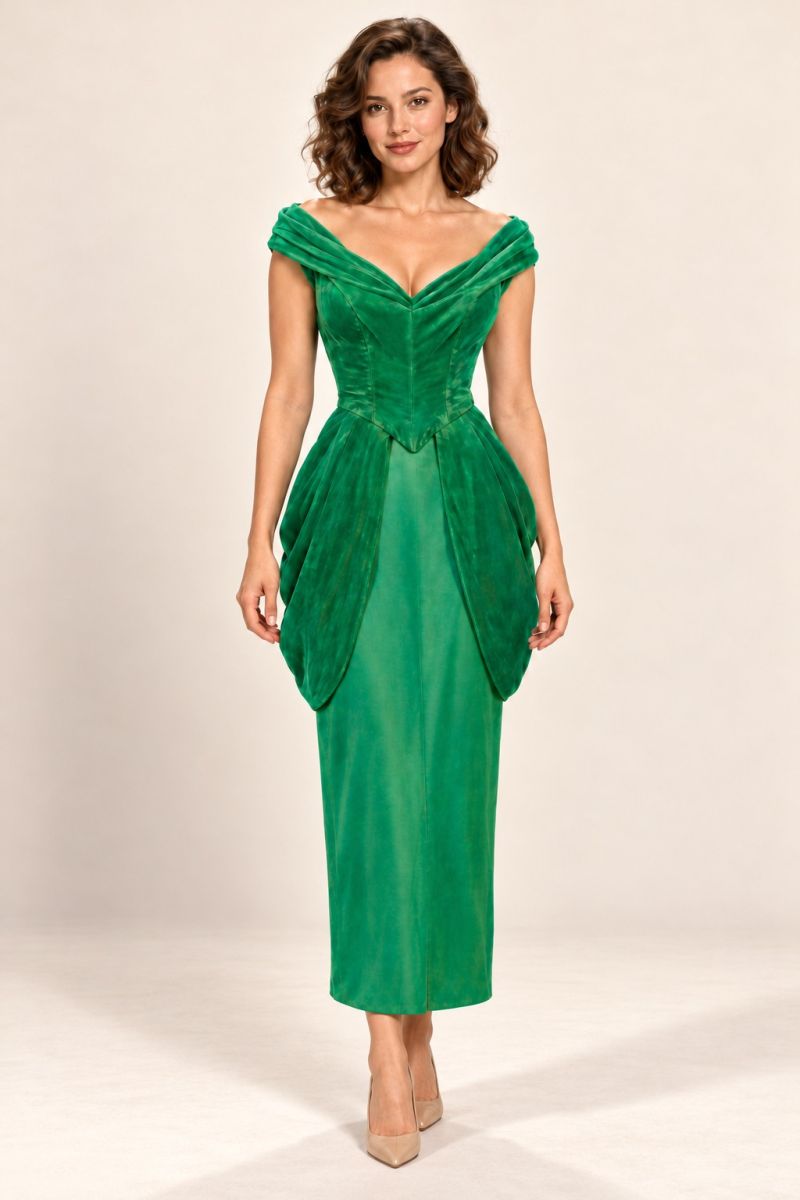 Green Draped Peplum Midi Dress — relaxed front pose