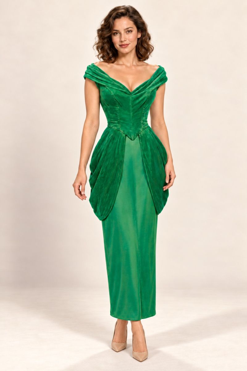 Green Draped Peplum Midi Dress — alternative front pose