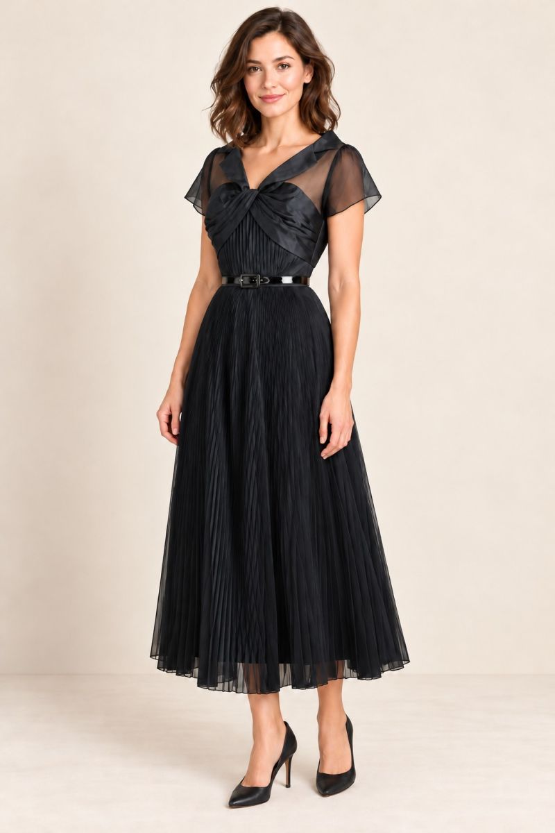 Black Lapel-Collar Pleated Midi Cocktail Dress — gentle front angle