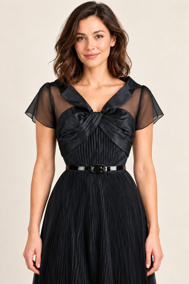Black Lapel-Collar Pleated Midi Cocktail Dress — front detail