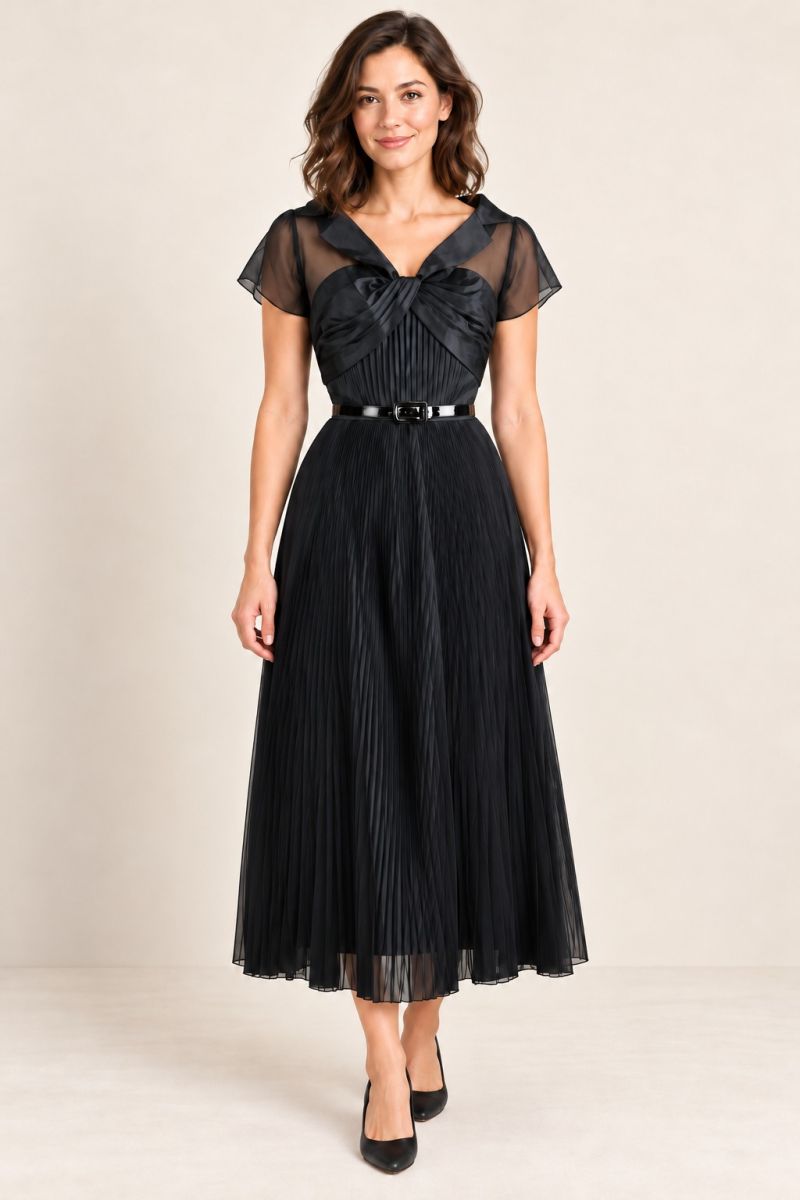 Black Lapel-Collar Pleated Midi Cocktail Dress — relaxed front pose