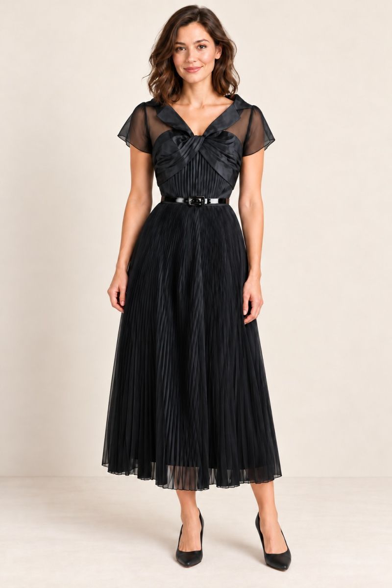 Black Lapel-Collar Pleated Midi Cocktail Dress — alternative front pose