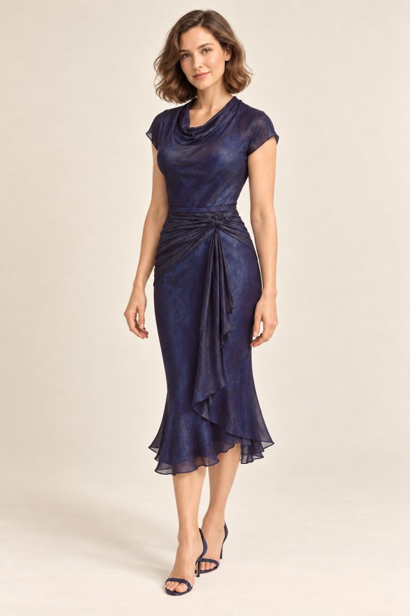 Blue-Violet Cowl Midi Dress — gentle front angle