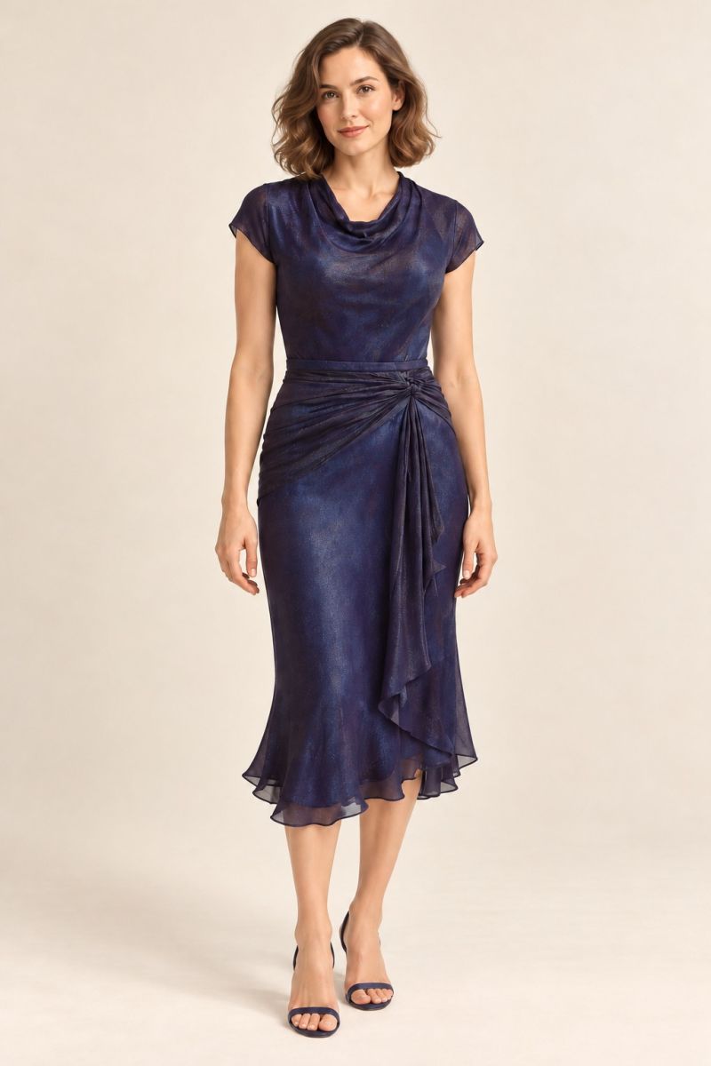 Blue-Violet Cowl Midi Dress — relaxed front pose