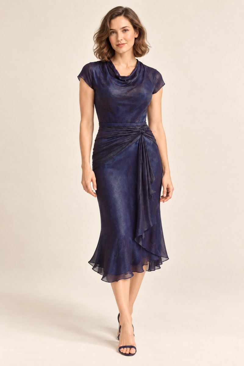 Blue-Violet Cowl Midi Dress — alternative front pose
