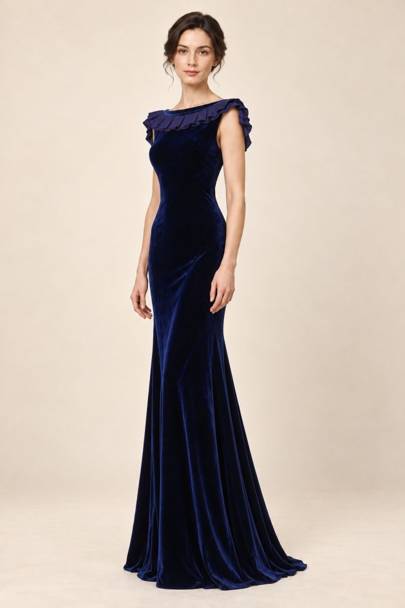 Navy Pleated-Neck Evening Gown — Three-quarter front view