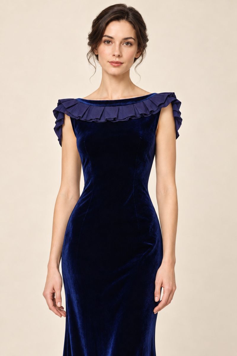 Navy Pleated-Neck Evening Gown — Closer front view