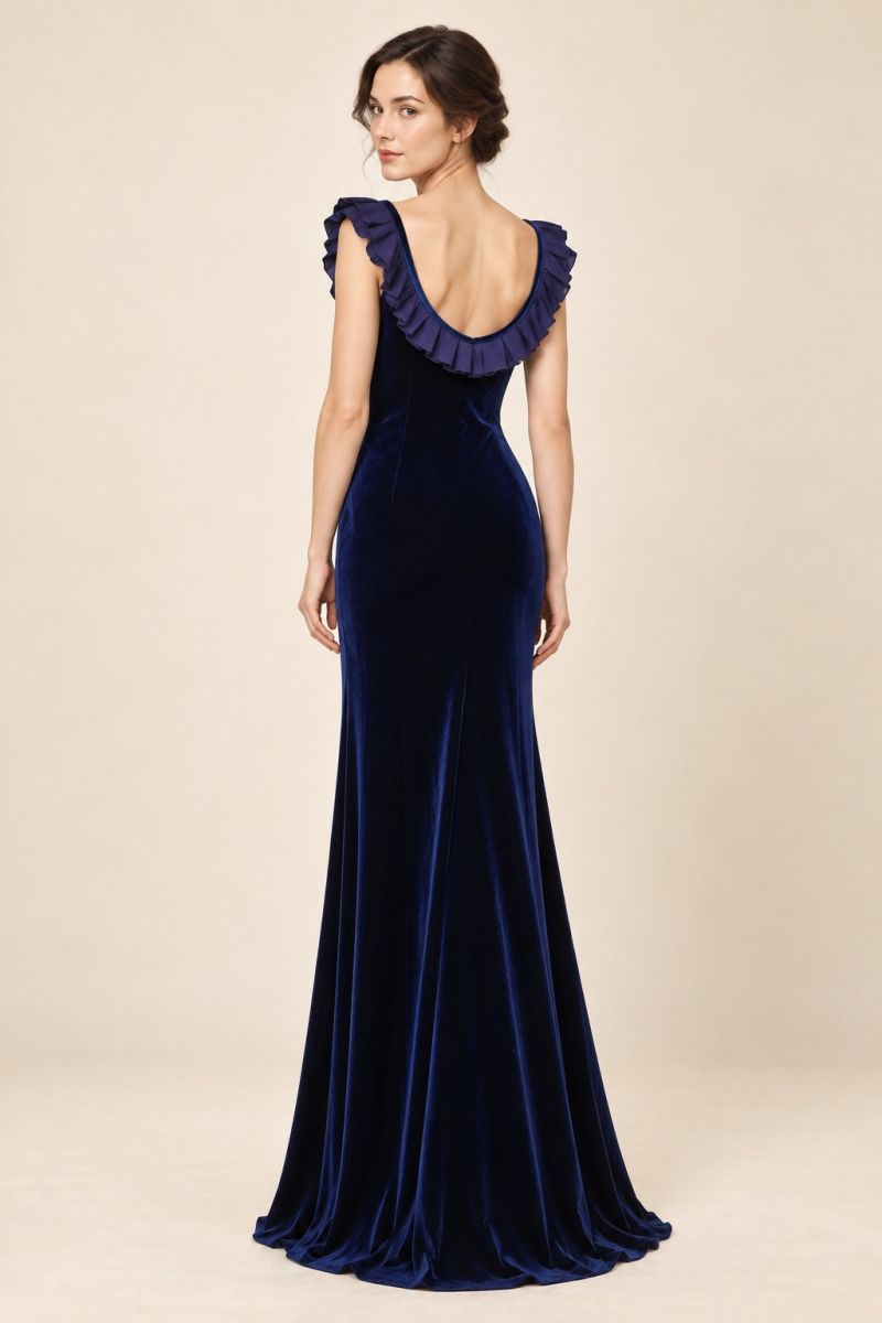 Navy Pleated-Neck Evening Gown — Back view