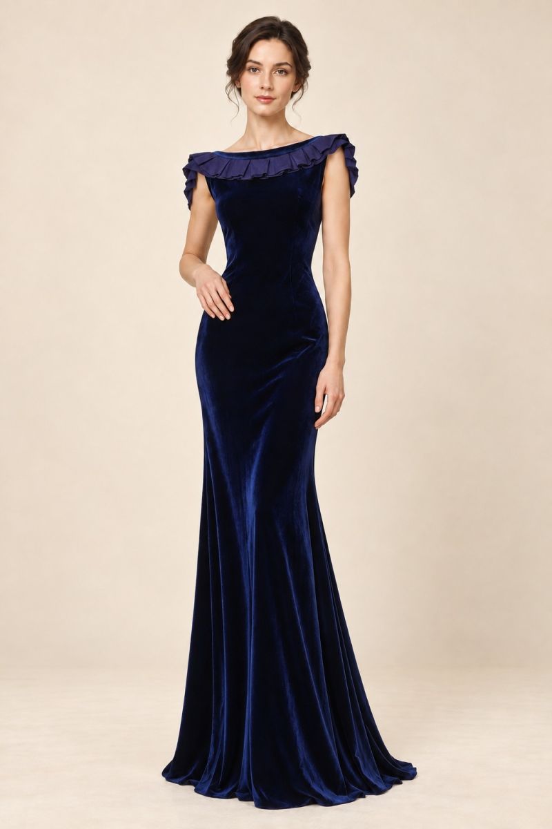 Navy Pleated-Neck Evening Gown — Alternative full-length pose