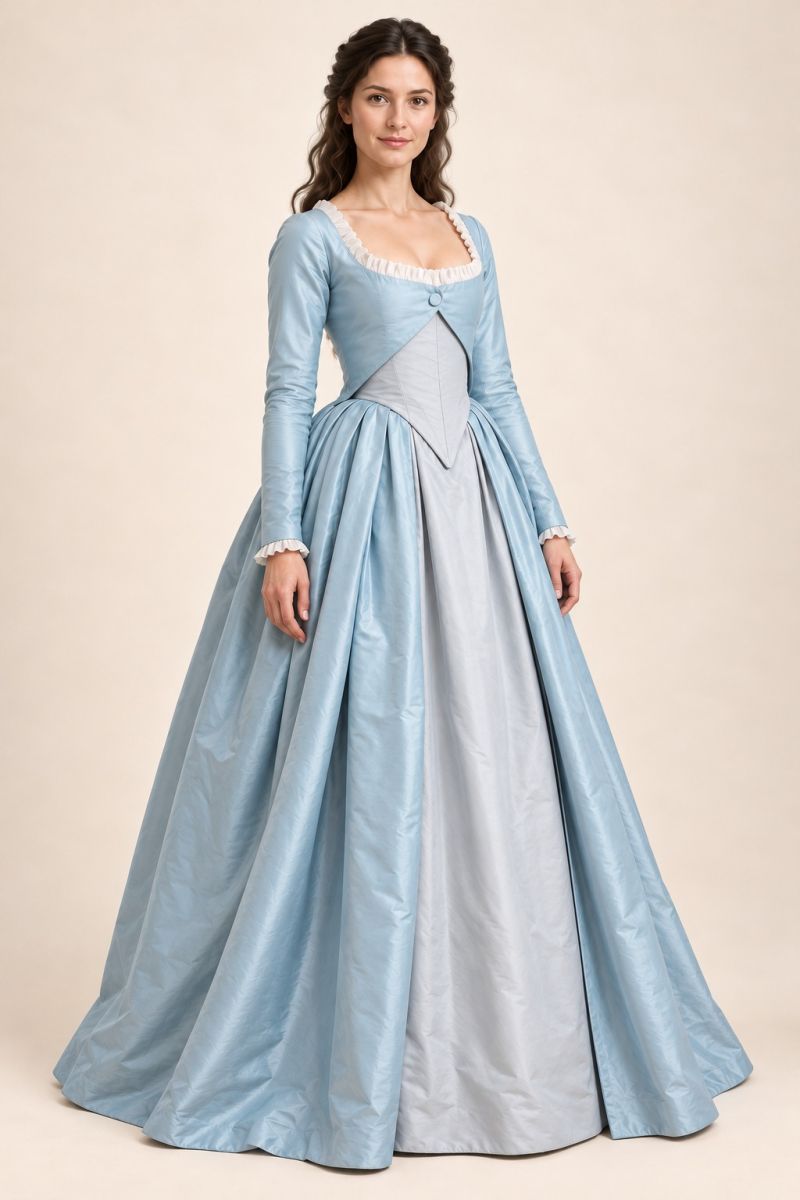 Ice-blue long-sleeve gown — gentle three-quarter front view