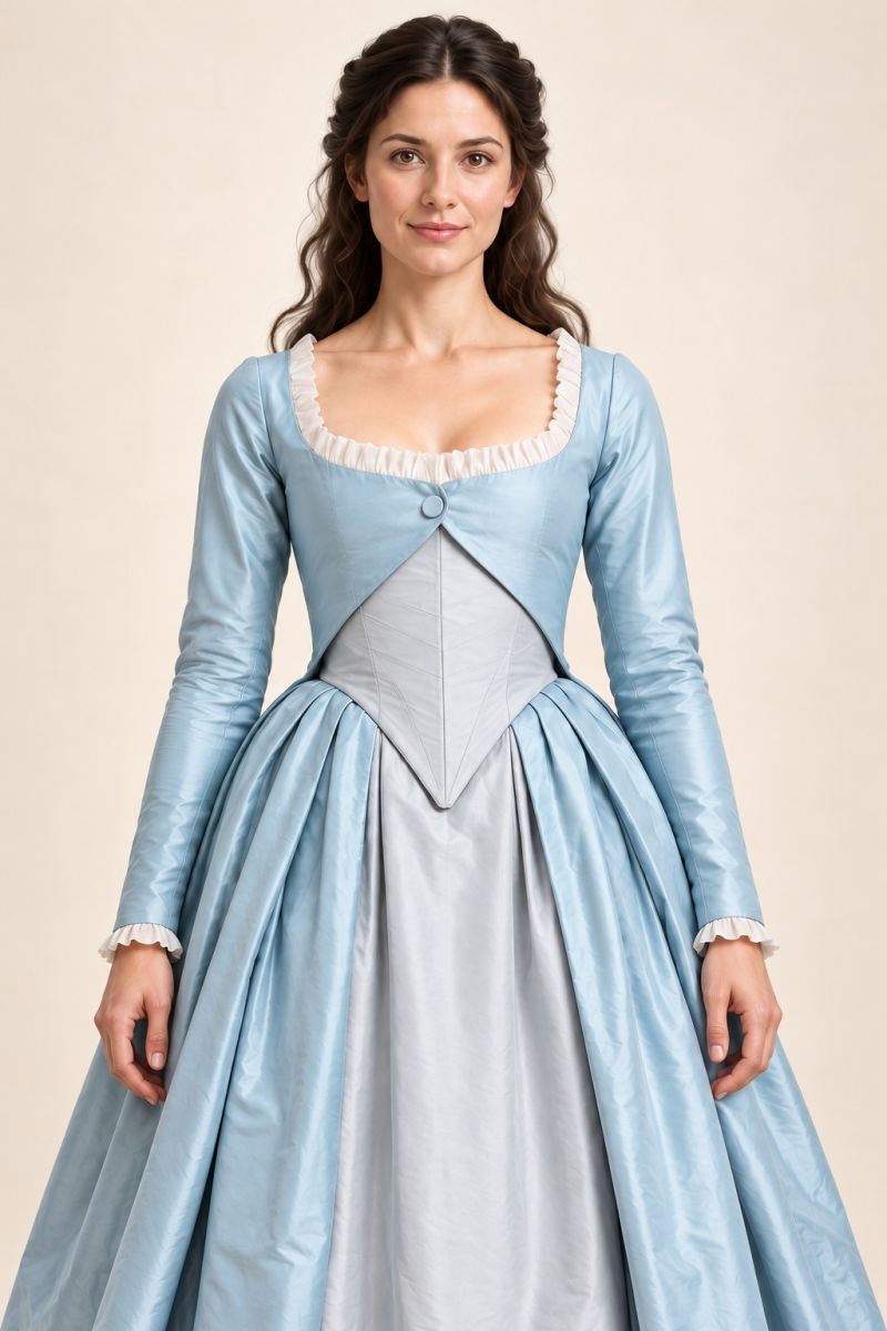 Ice-blue long-sleeve gown — closer front bodice and hip detail