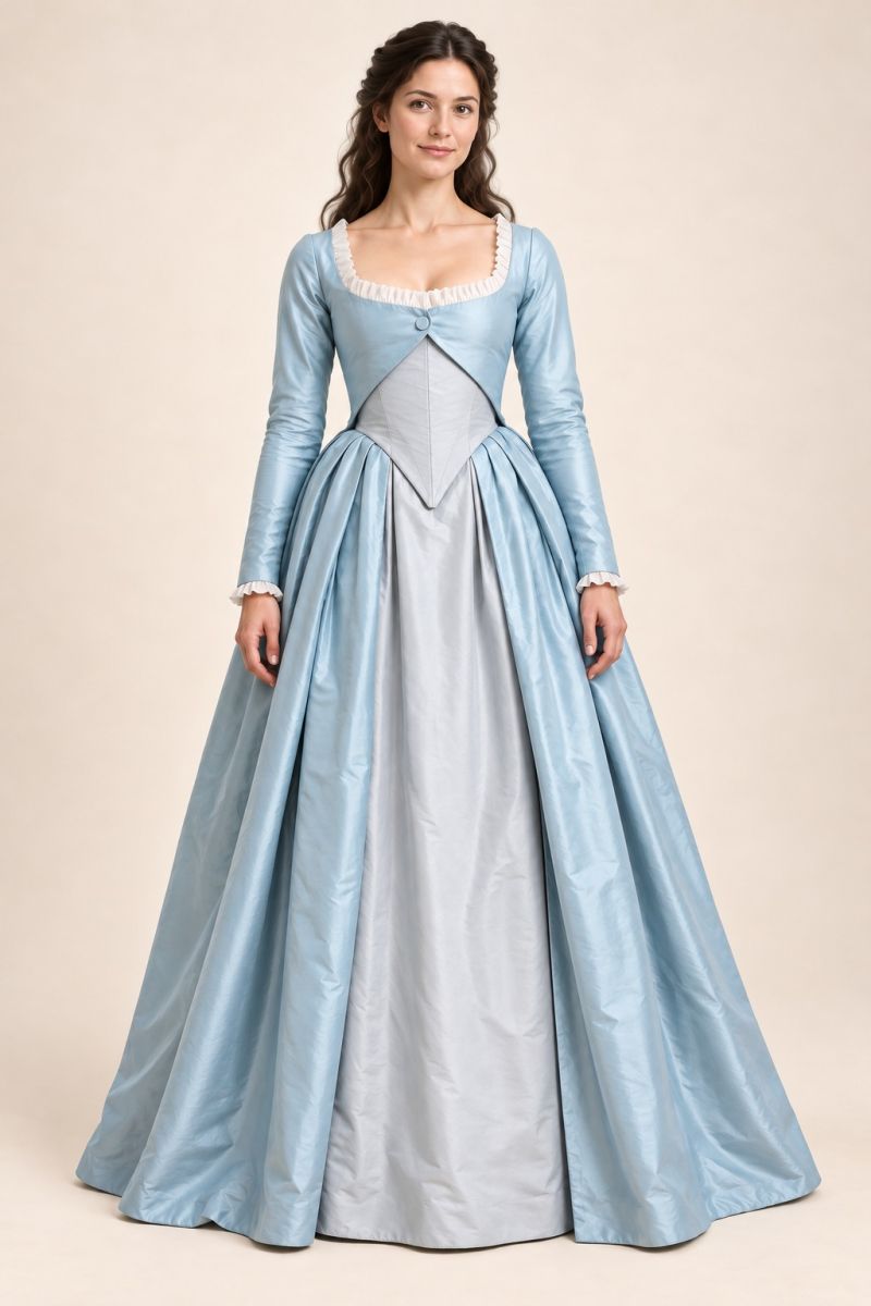Ice-blue long-sleeve gown — relaxed front full-length view