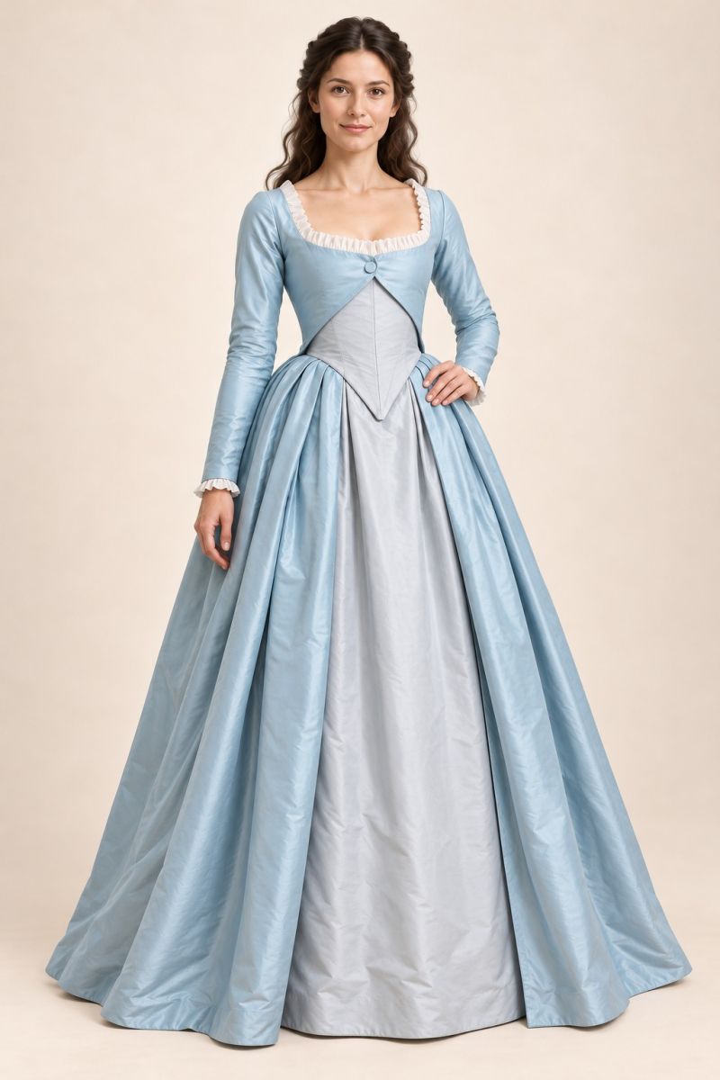 Ice-blue long-sleeve gown — alternative front pose with hand at waist