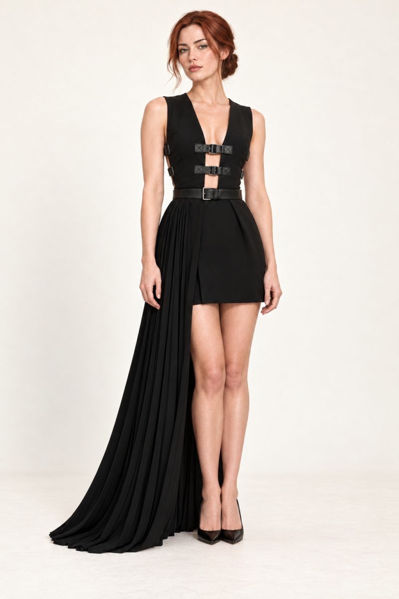 Black Buckle Dress & Pleated Overskirt Set — Full-length standing pose