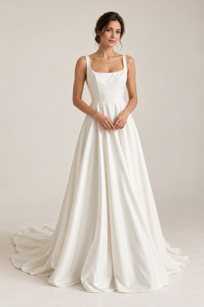 Ivory Scoop Neck A-Line Wedding Dress — Front view