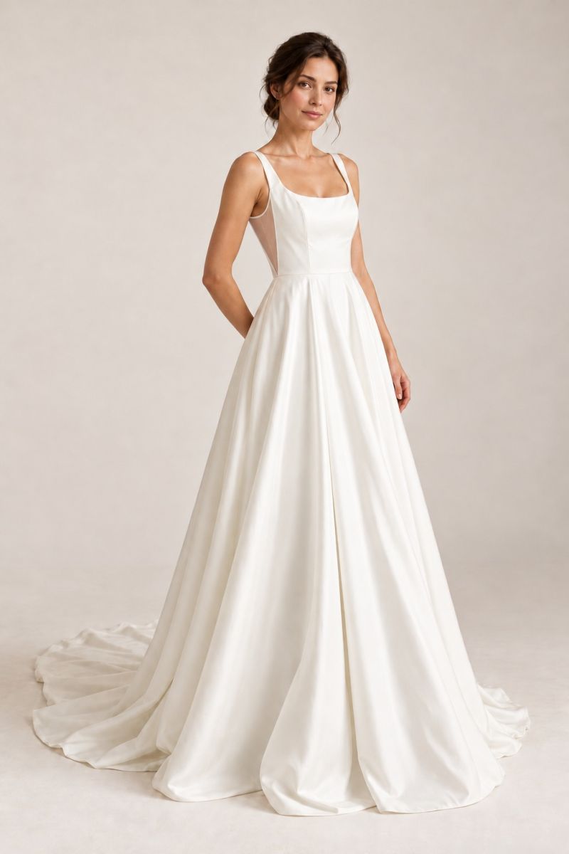 Ivory Scoop Neck A-Line Wedding Dress — Three-quarter front view
