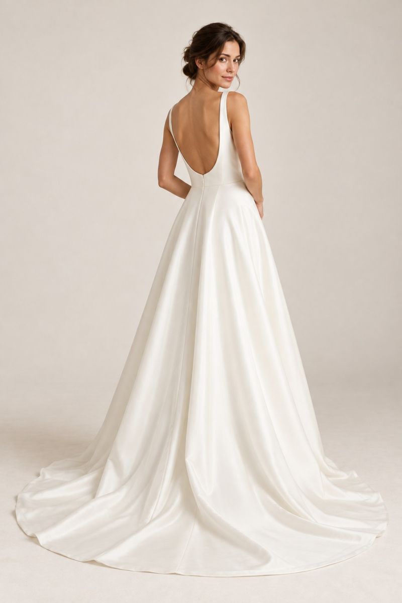 Ivory Scoop Neck A-Line Wedding Dress — Back view