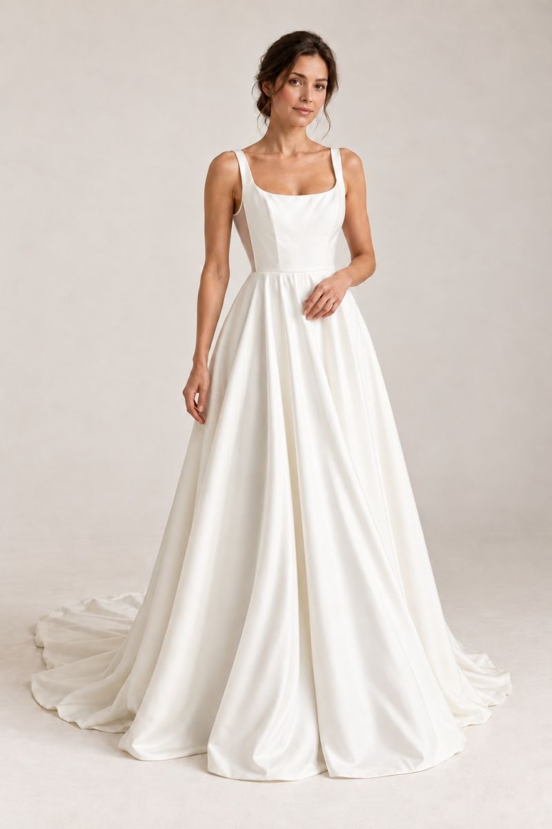 Ivory Scoop Neck A-Line Wedding Dress — Alternative full-length pose