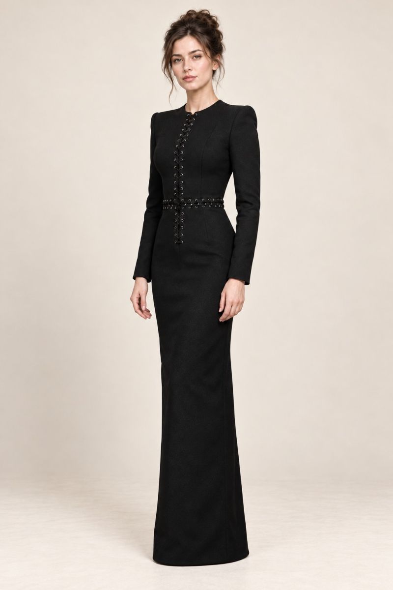 Black Lace-Up Long-Sleeve Column Gown — Three-quarter front view