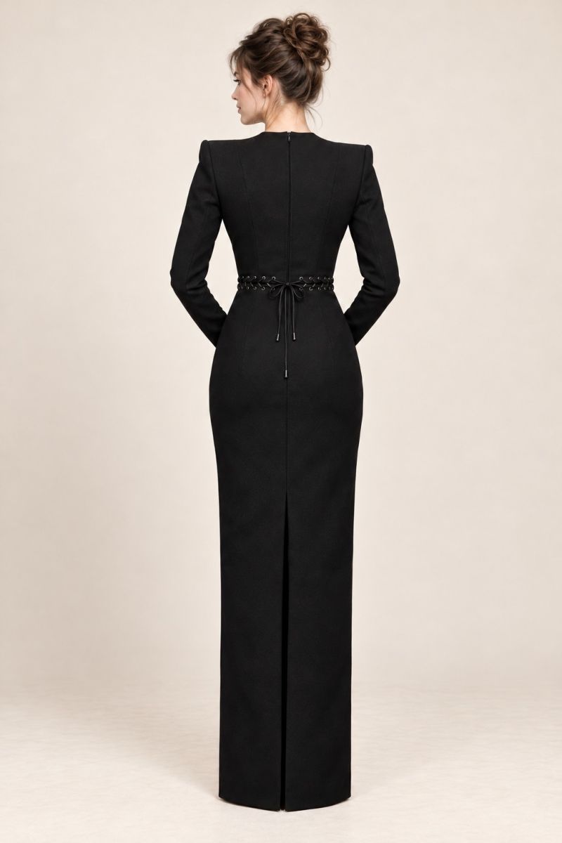 Black Lace-Up Long-Sleeve Column Gown — Back view