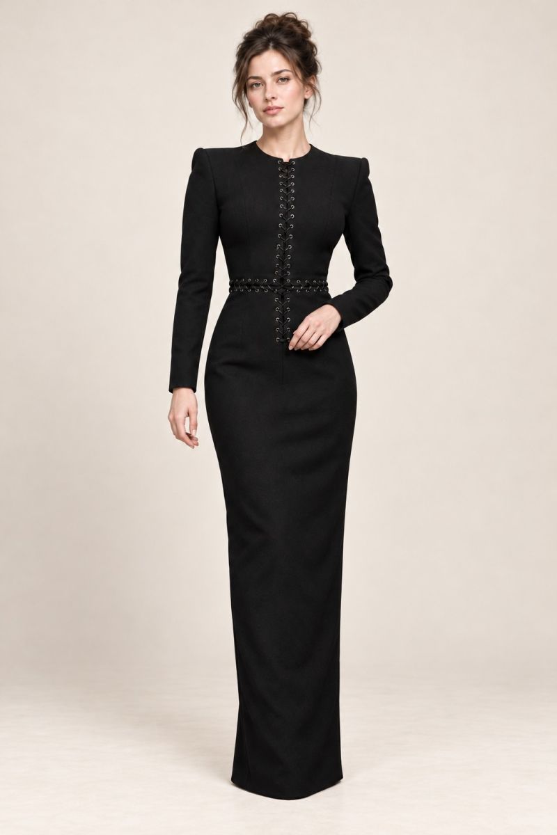 Black Lace-Up Long-Sleeve Column Gown — Alternative full-length pose