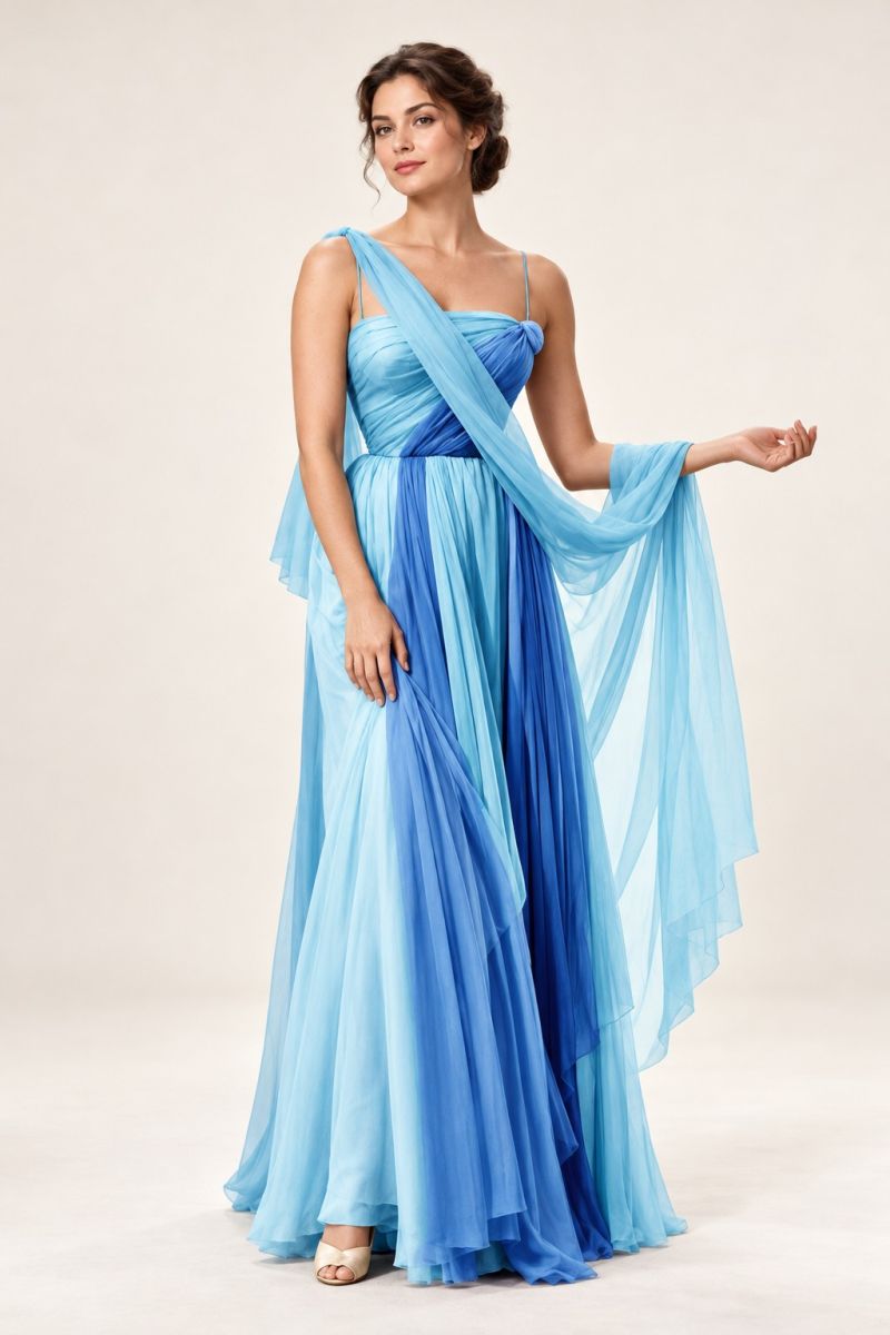 Blue Draped Evening Gown — front view
