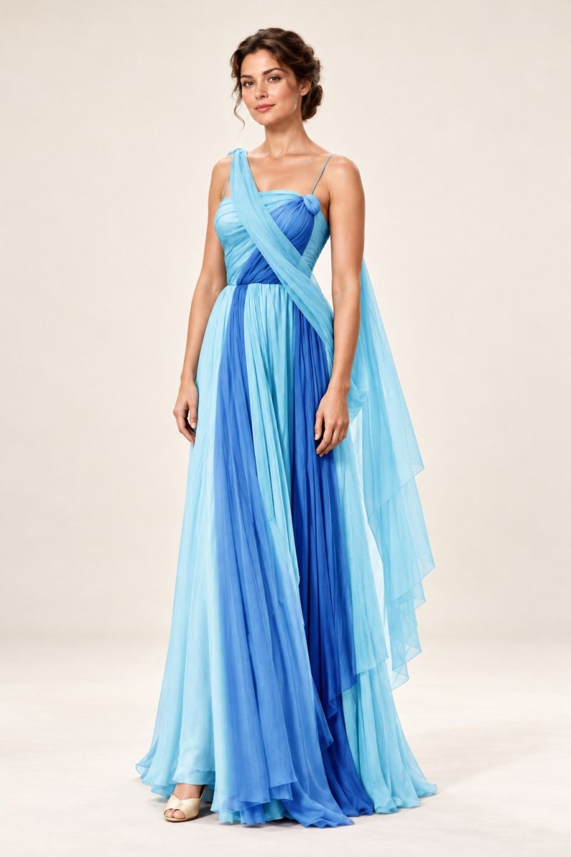 Blue Draped Evening Gown — slight three-quarter front