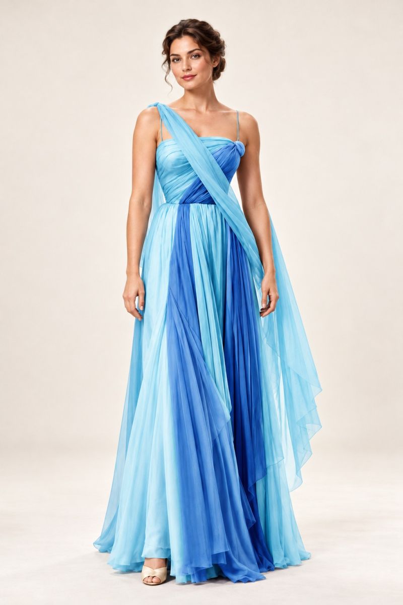 Blue Draped Evening Gown — front with one foot forward