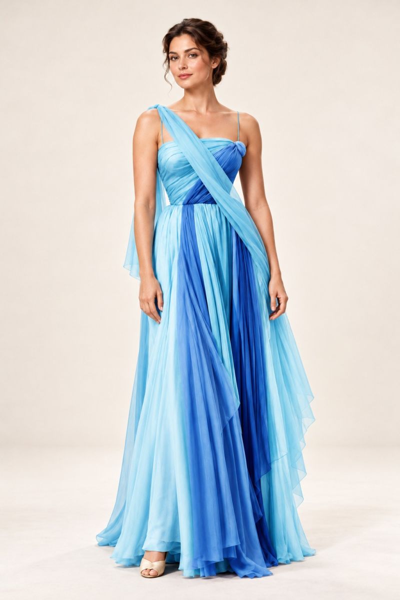 Blue Draped Evening Gown — relaxed front view