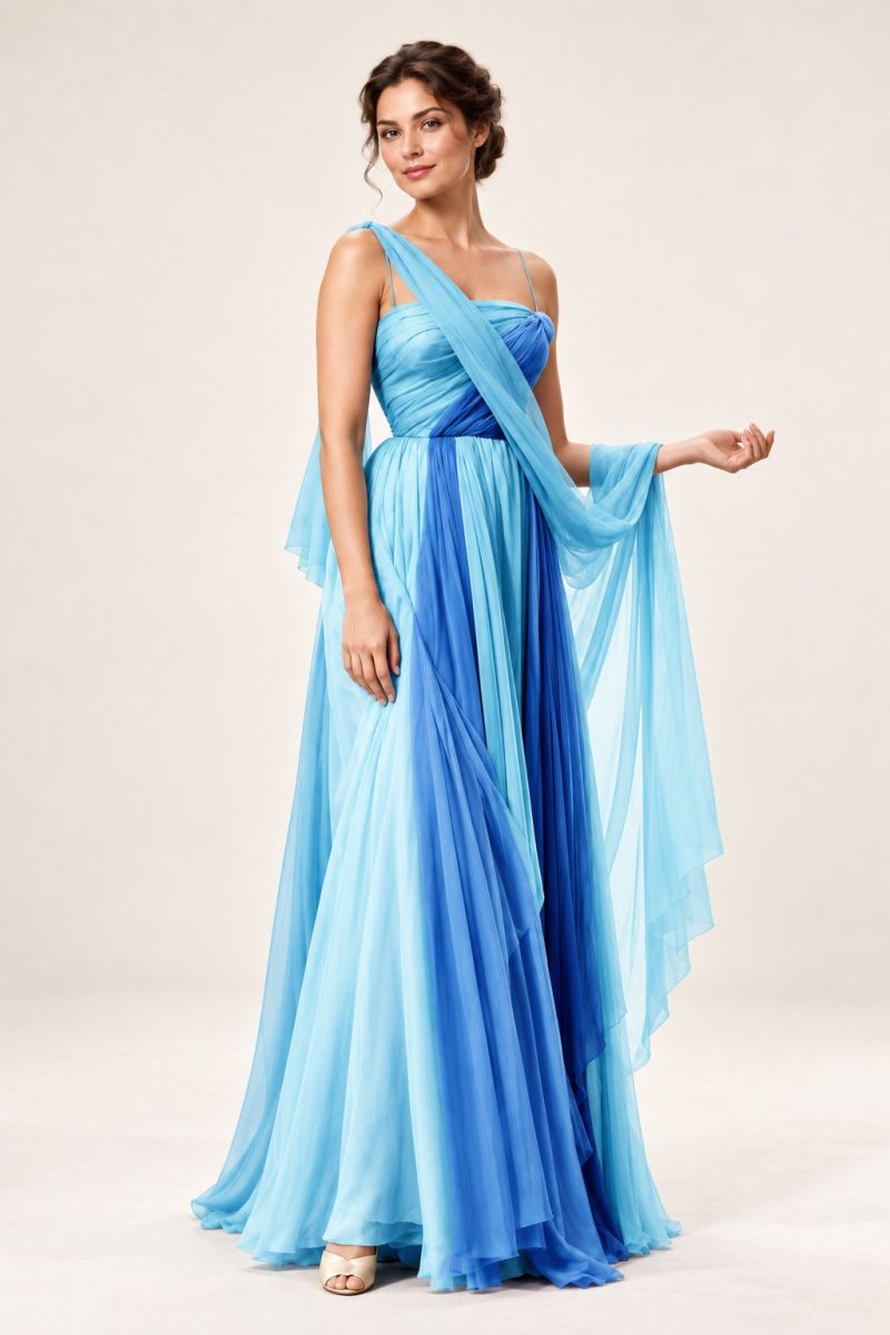 Blue Draped Evening Gown — alternative three-quarter front