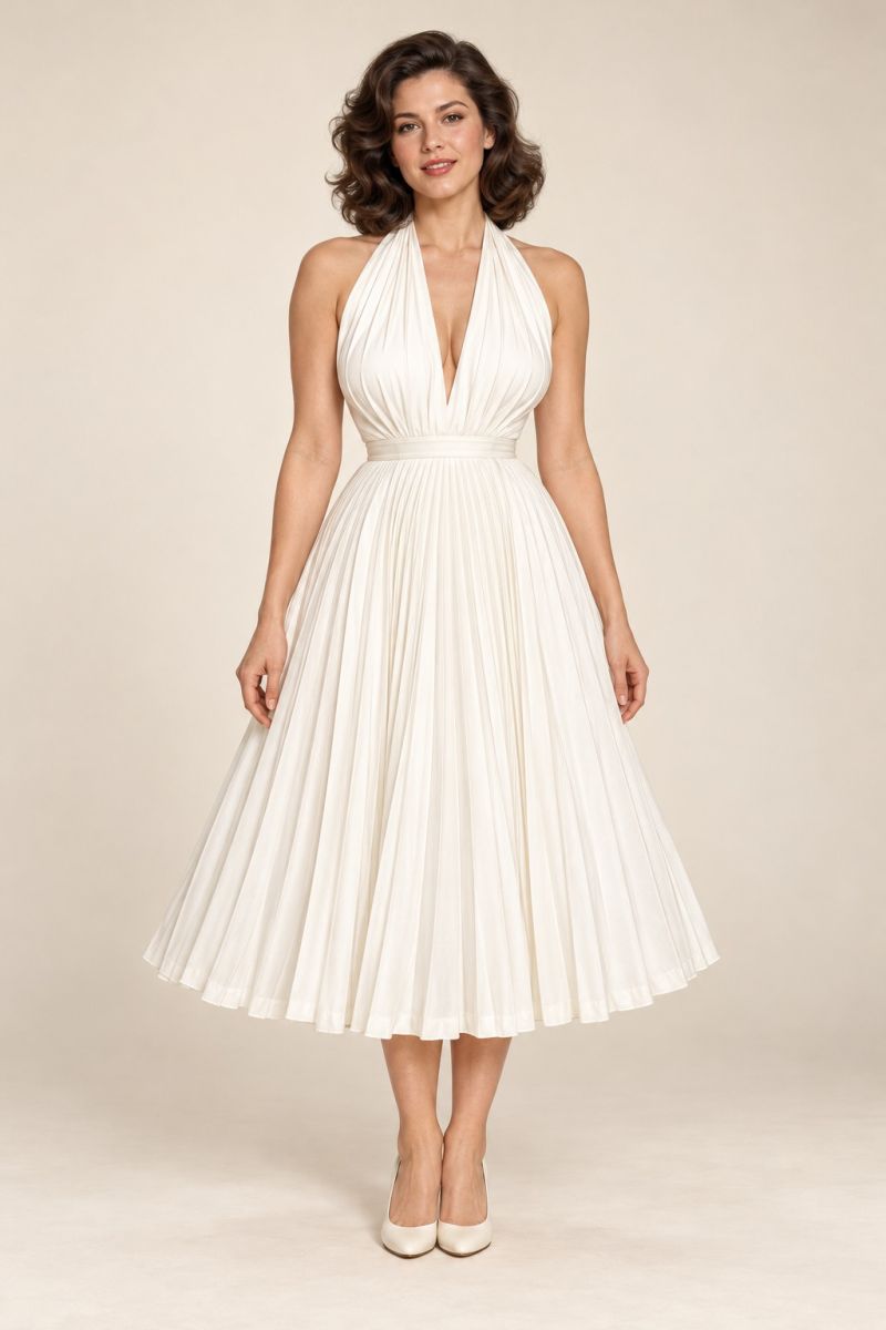 Ivory Pleated Halter Midi Dress — front view