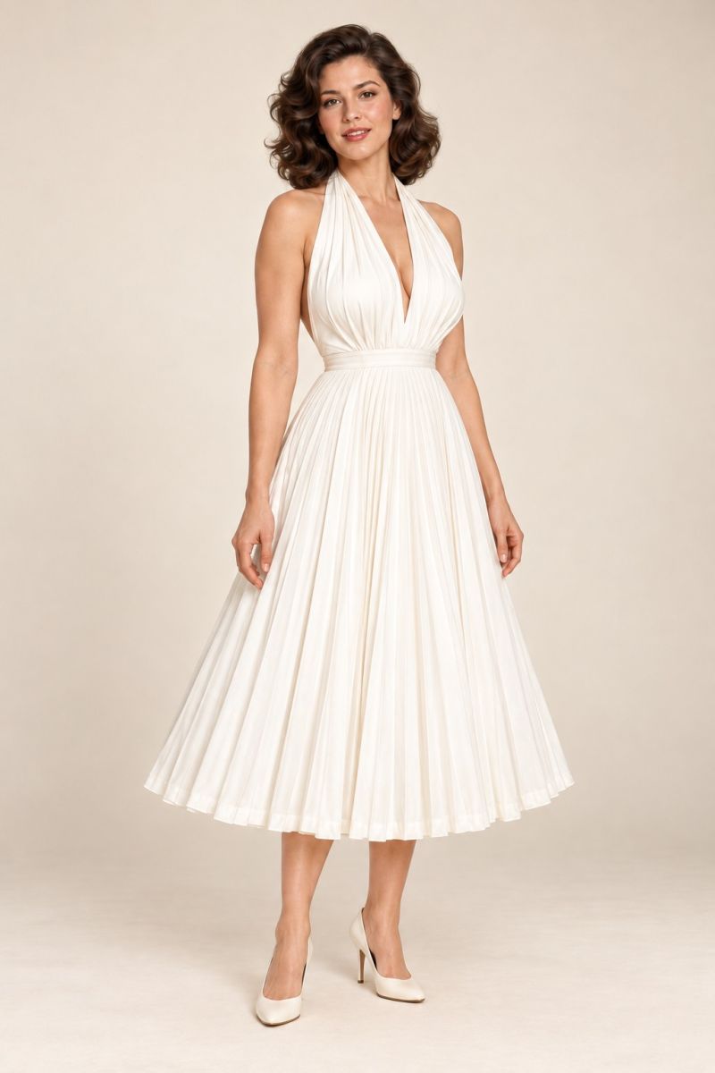 Ivory Pleated Halter Midi Dress — slight three-quarter front