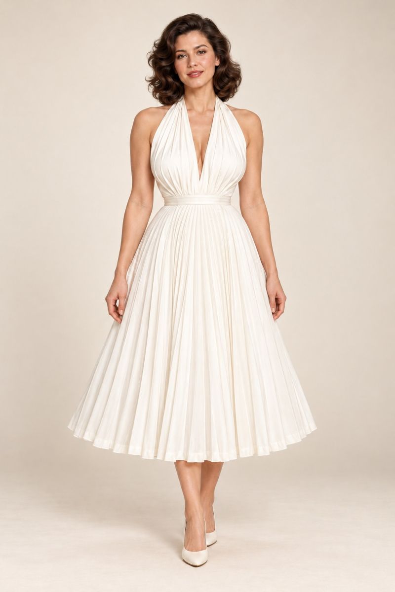 Ivory Pleated Halter Midi Dress — front with one foot forward