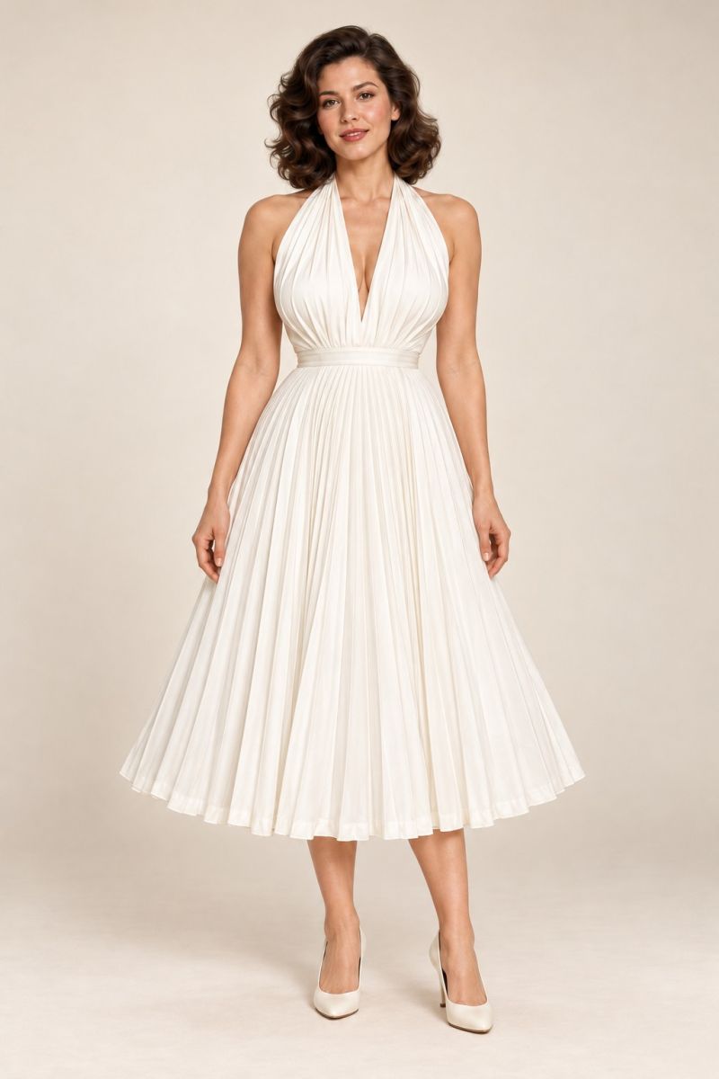 Ivory Pleated Halter Midi Dress — relaxed front view