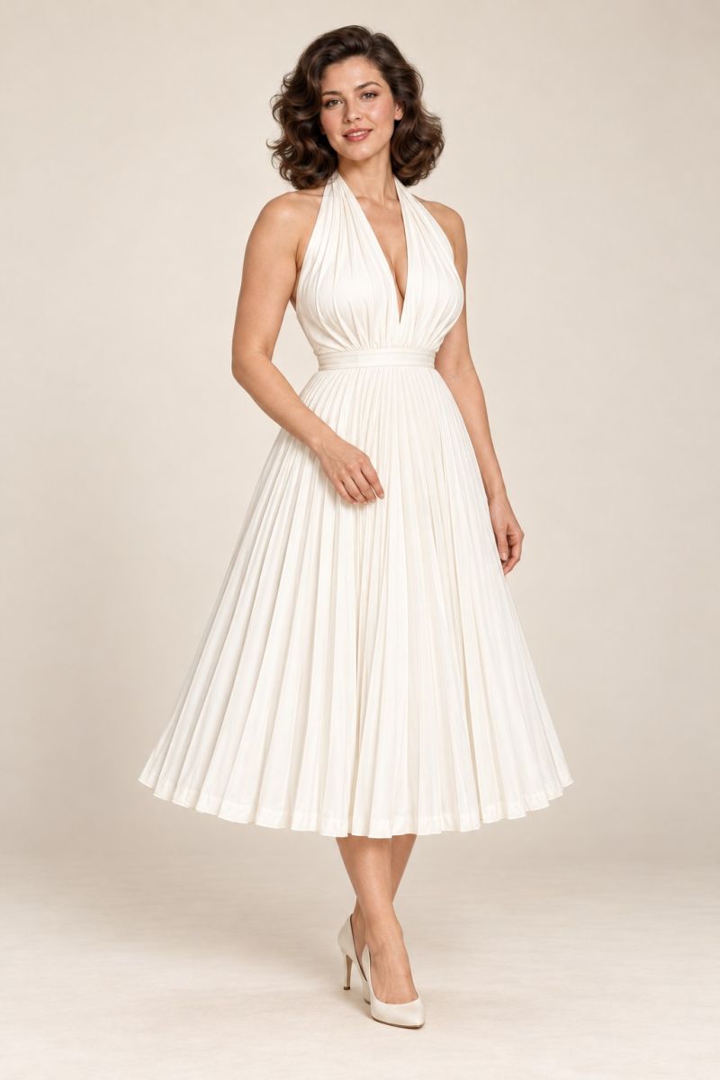 Ivory Pleated Halter Midi Dress — alternative three-quarter front