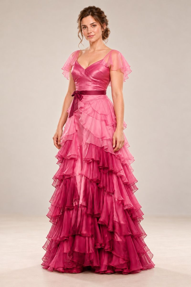 Pink layered ruffle ball gown — gentle three-quarter front view