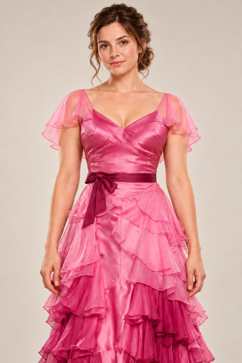 Pink layered ruffle ball gown — closer front bodice and hip detail